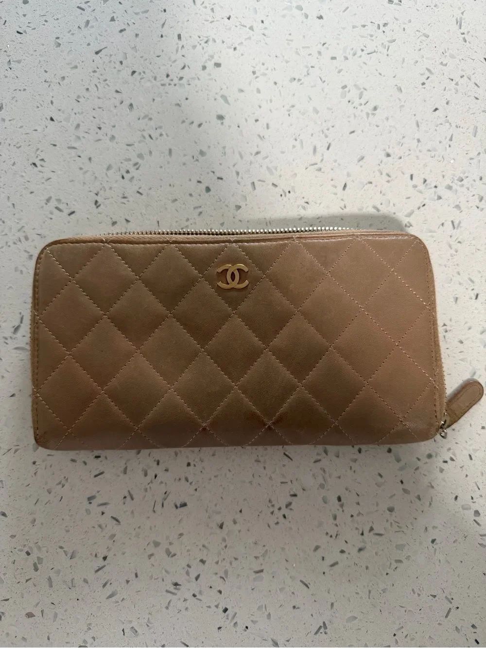 CHANEL Quilted Zip Wallet in Taupe Brown with Gold CC